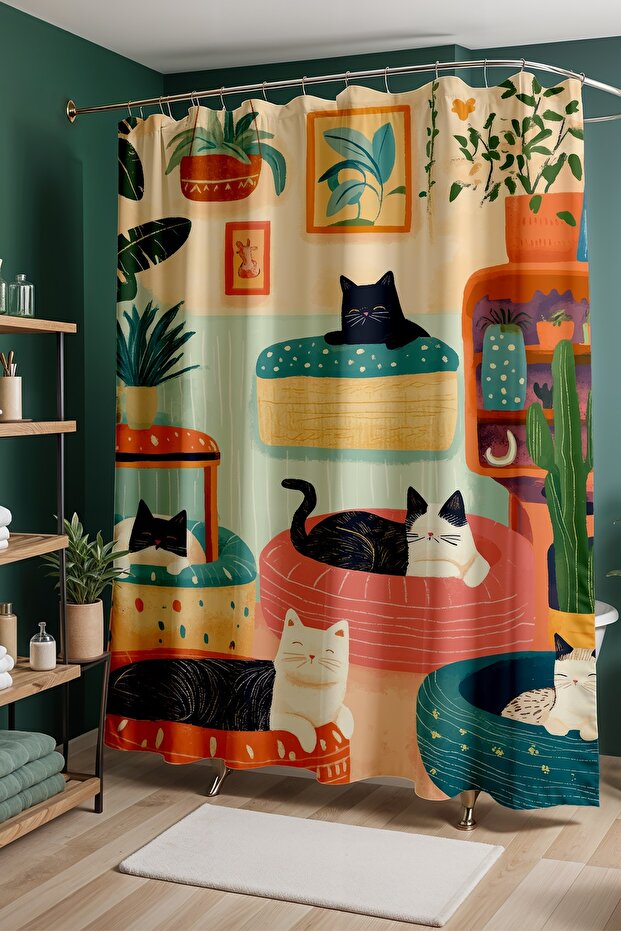 Bathroom Curtain, Shower Curtain with Sleeping Cats Pattern in the Room, Bathtub Curtain 175x200cm