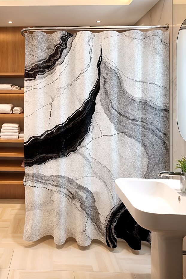 Bathroom Curtain, Black and White Marble Pattern Shower Curtain, Bathtub Curtain 175X200Cm