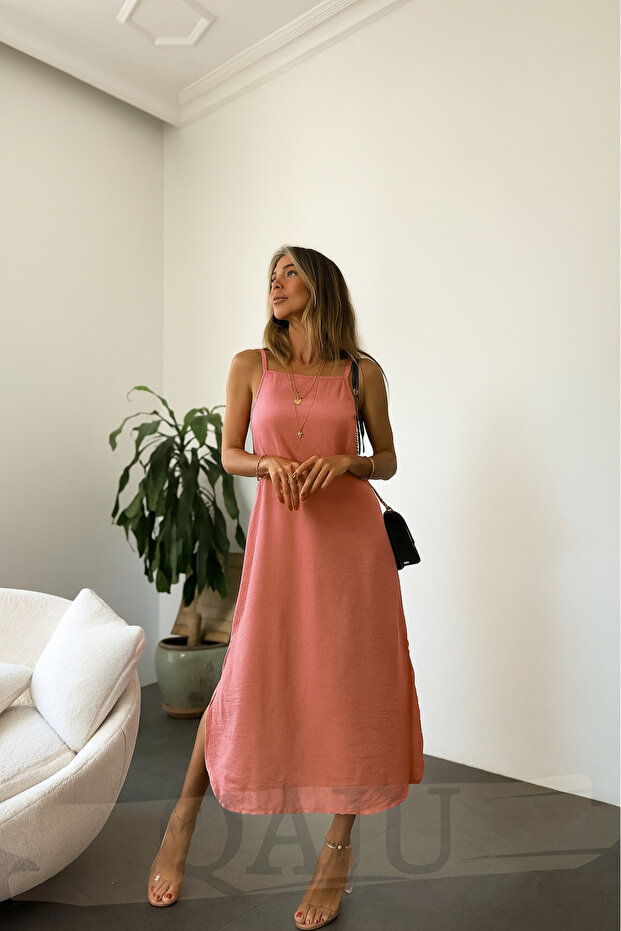 Pink Linen Dress with Rope Straps and Slits