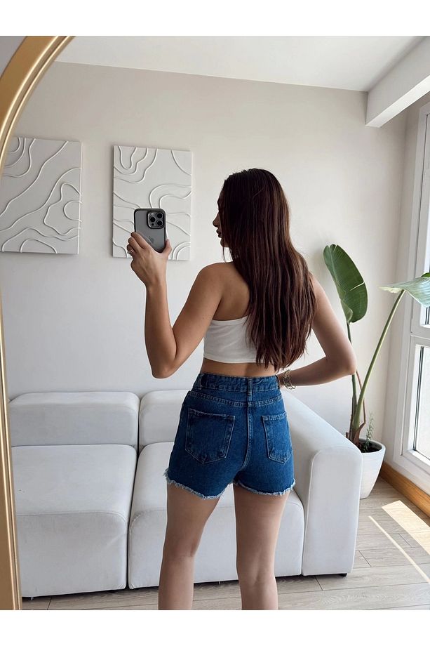 Lazer Kesim Denim Şort - KOYU MAVİ - 2