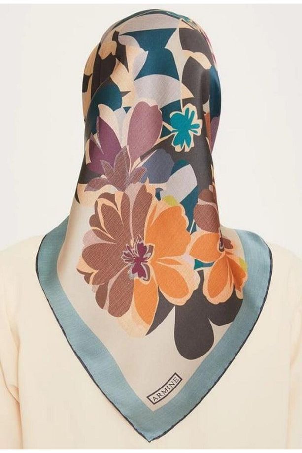 İpek Eşarp 2025 Kış - 9238-81 Bej Mavi Twill - 2