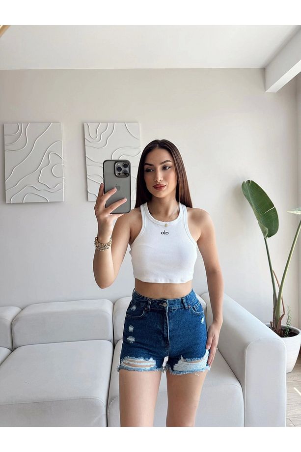 Lazer Kesim Denim Şort - KOYU MAVİ - 3