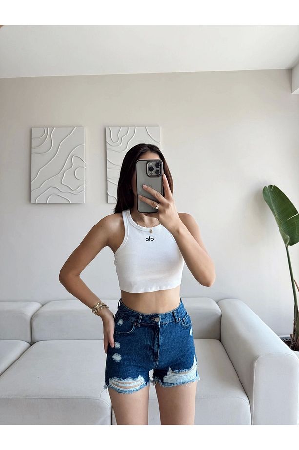 Lazer Kesim Denim Şort - KOYU MAVİ - 1