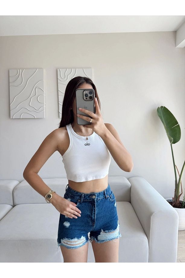 Lazer Kesim Denim Şort - KOYU MAVİ - 5