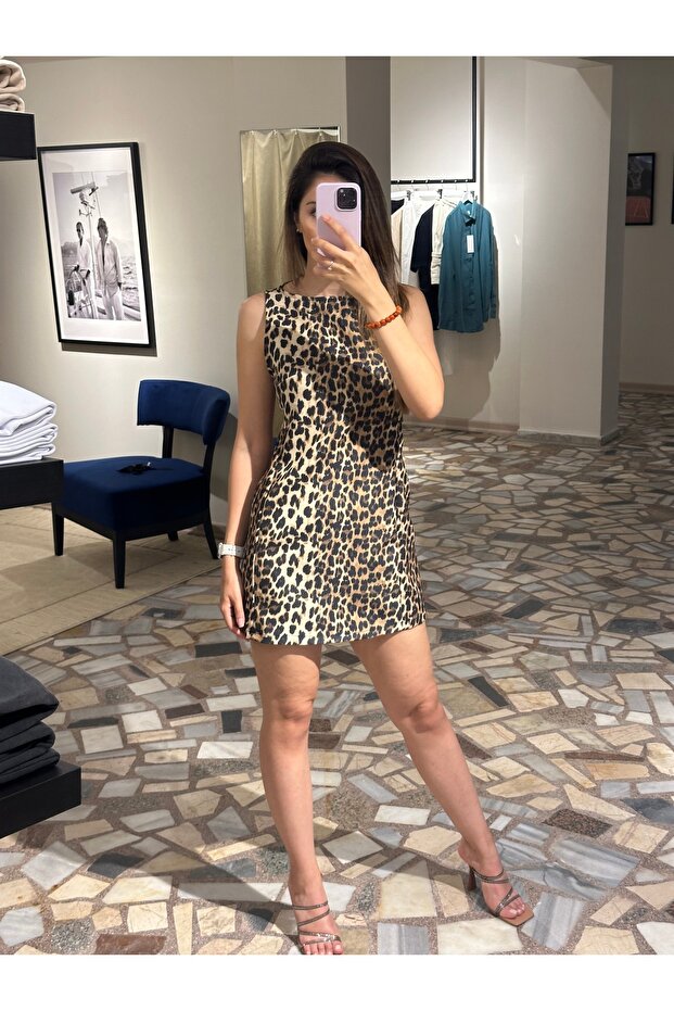 Kadın leopar mini elbise - 4