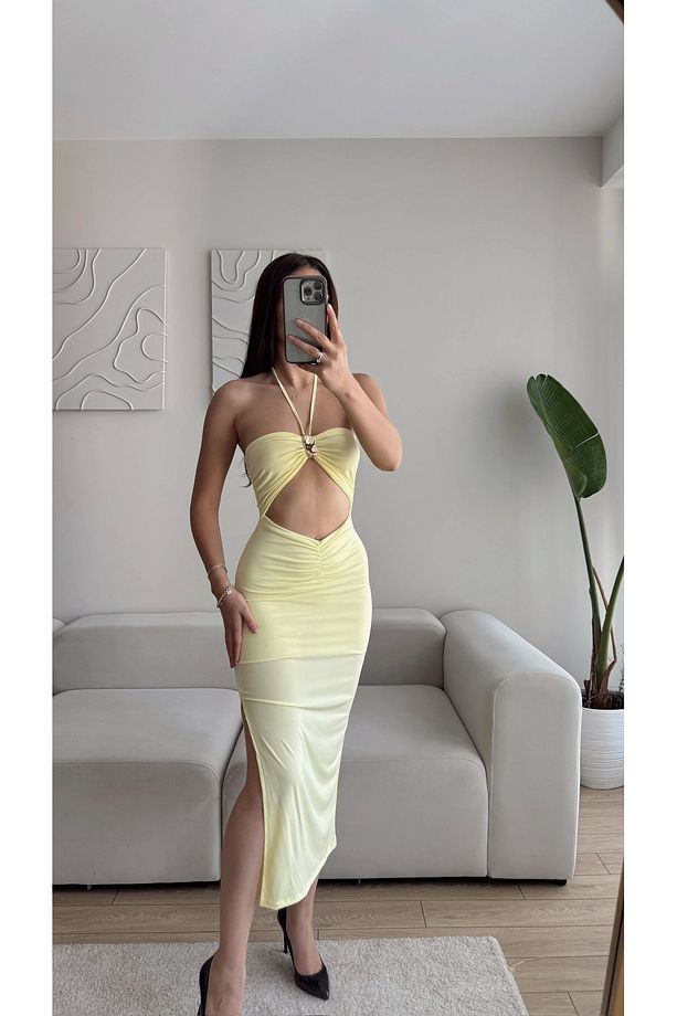 Göğüs Aksesuar Yırtmaçlı Elbise - SARI - 5