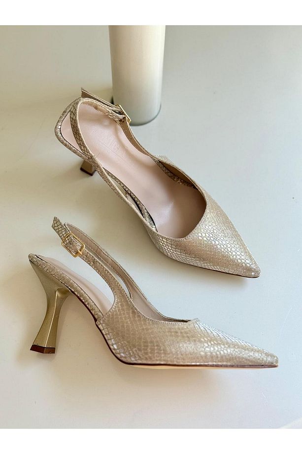 Gold Yılan Desenli Parlak Deri Kadın Topuklu Stiletto - 7