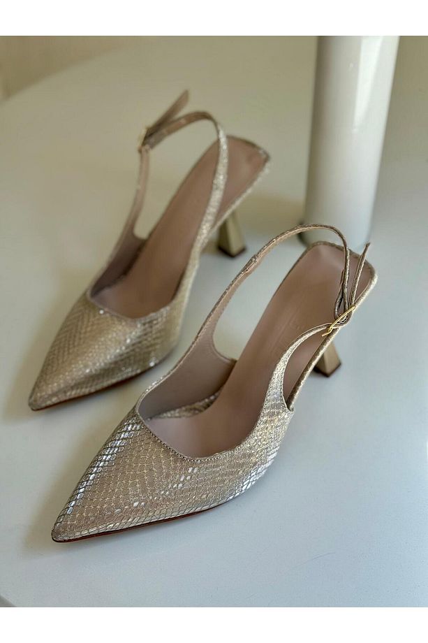 Gold Yılan Desenli Parlak Deri Kadın Topuklu Stiletto - 5