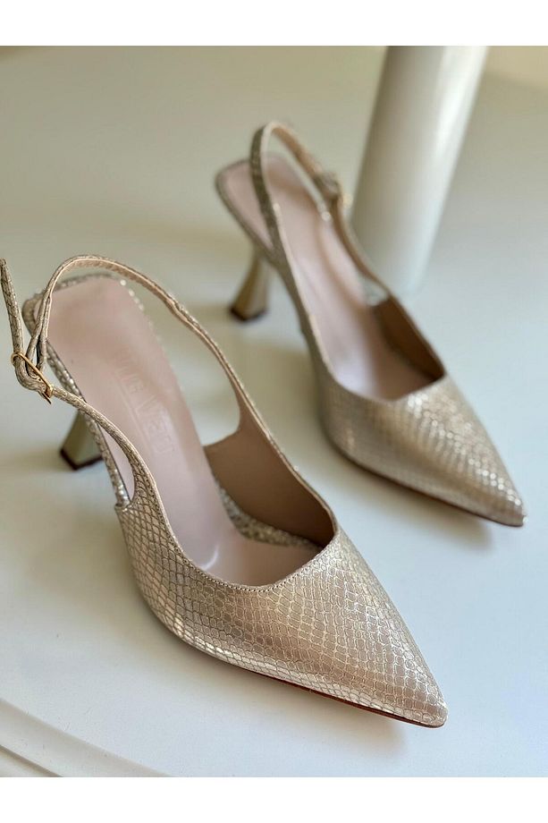 Gold Yılan Desenli Parlak Deri Kadın Topuklu Stiletto - 8