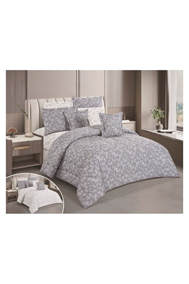 طقم لحاف نفرين نظام وجهين ، مفرش بحشوة داخلية مريحة مكون من ٨ قطع , 250x230cm - 1