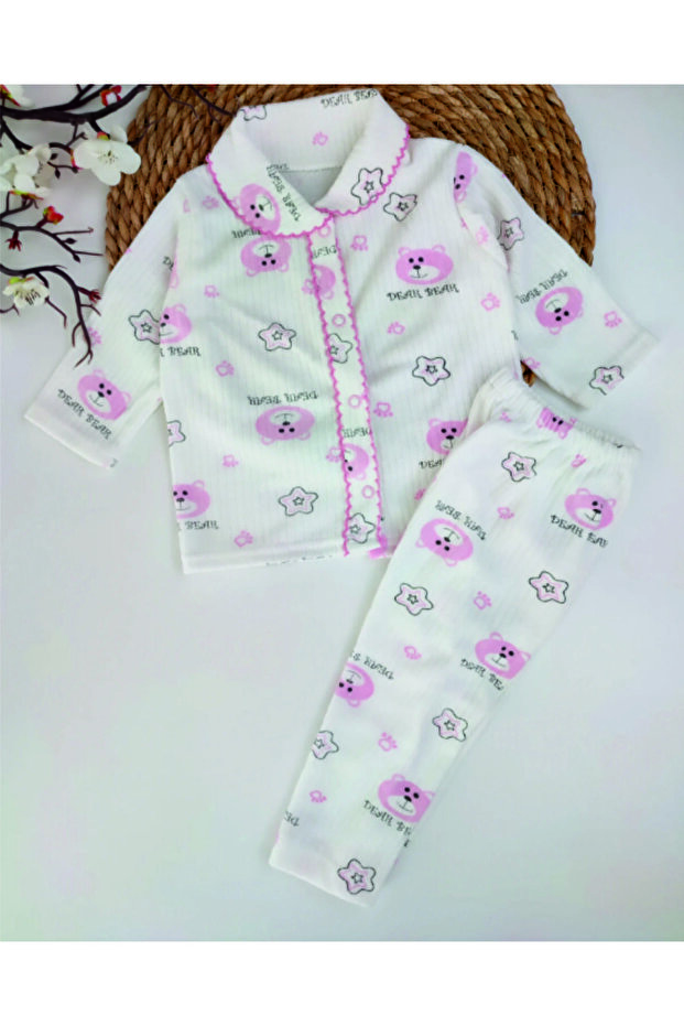 Cute Teddy Bear and Star Printed Embroidered Unisex Pajama Set