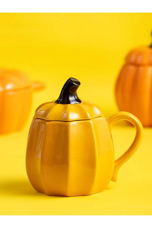 LCW HOME Sari Kabak Desenli Kapaklı Seramik Kupa Bardak 400 ml - 1