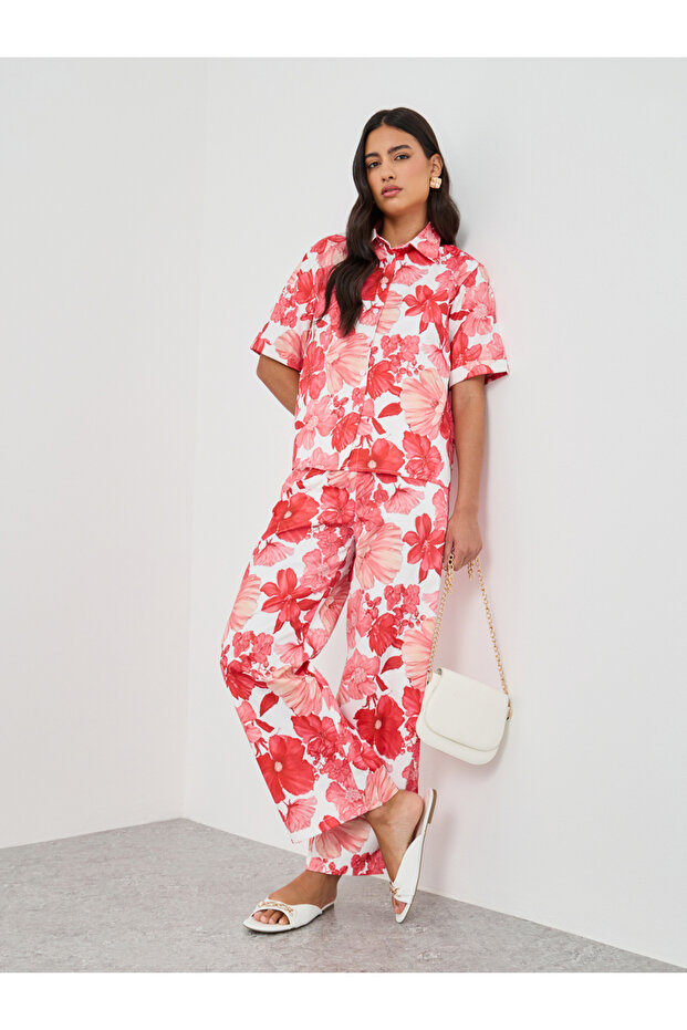 Printed Collared Buttoned Shirt and Pants Co-Ords