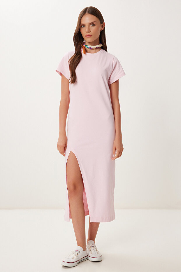 Slit Flexible Knitted Midi Dress Candy Pink Lub0123