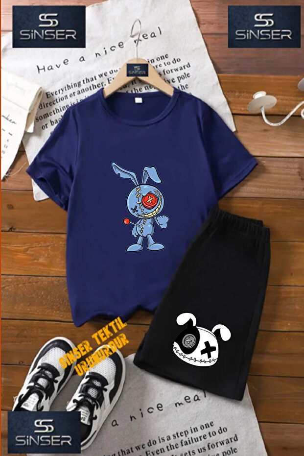 Children's Unisex “Blue Single Pin with Teddy Bear Patch“ Custom Printed Crew Neck T-Shirt - Shorts Set