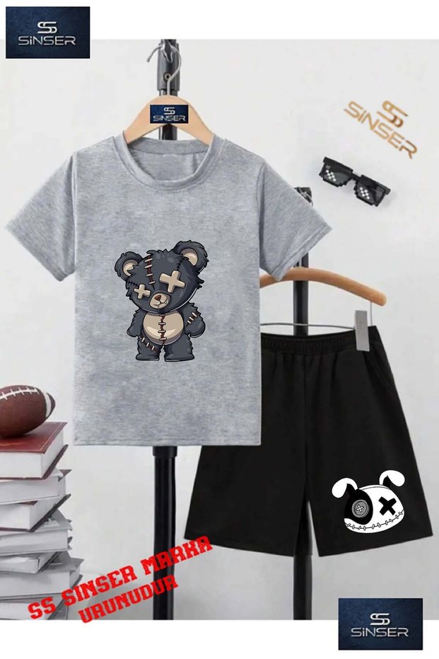 Children's Unisex “Bear Patched Gray“ Special Printed Crew Neck T-Shirt - Shorts Set