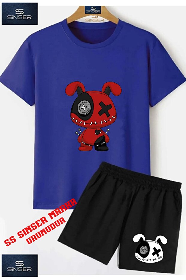 Children's Unisex “Bear Patched Red Black“ Custom Printed Crew Neck T-Shirt - Shorts Set