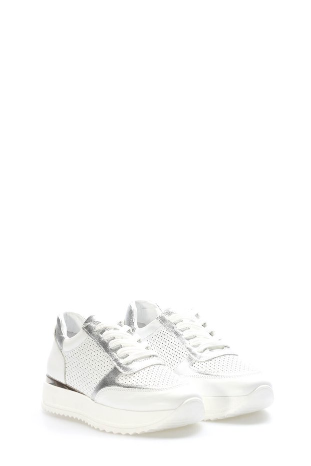Tugerdi White Silver Genuine Leather Thermo Sole Lace-Up Casual Women's Shoes Tg0975726125492