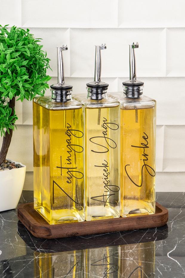 3-Piece Luxury 500ml Oil Pot Wooden Stand Silver Cover Glass Oil Pot Sunflower Oil Olive Oil Sauce Bowl Vinegar Bowl