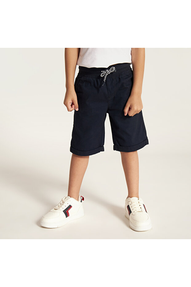 Solid Shorts with Drawstring Closure and Pockets - 1
