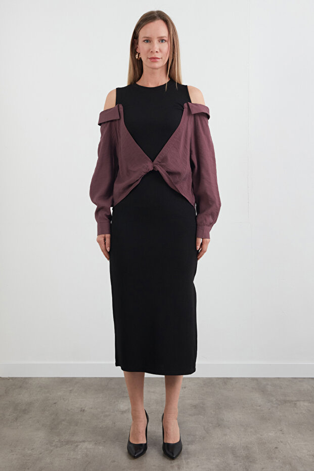 Basic Gömlek Detaylı Yırtmaçlı Elbise - 6