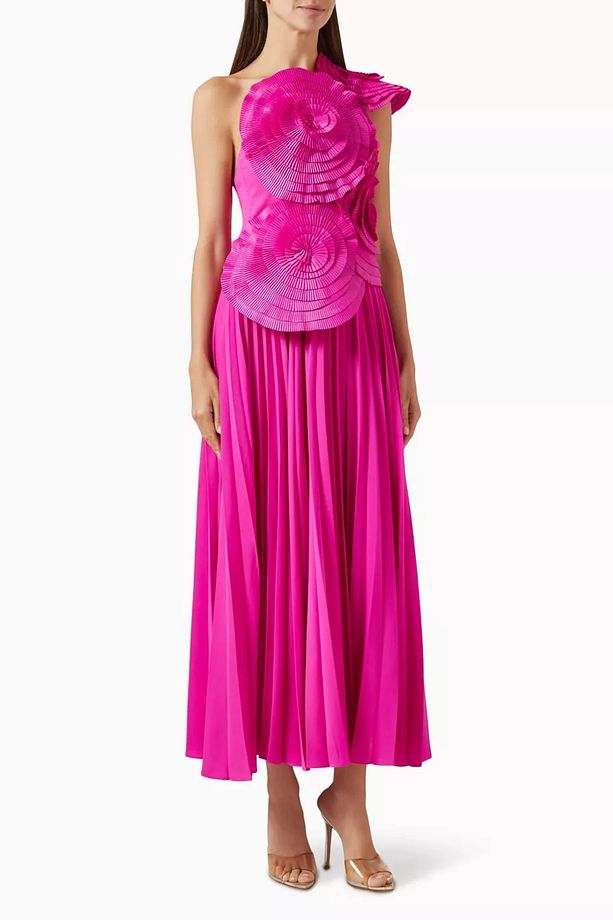 Trusley Rosette Pleated Gown, Pembe Tek Omuz Abiye - 1