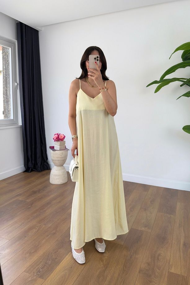Ossy Sarı Askı Ayarlanabilir Maxi Boy Elbise - 2