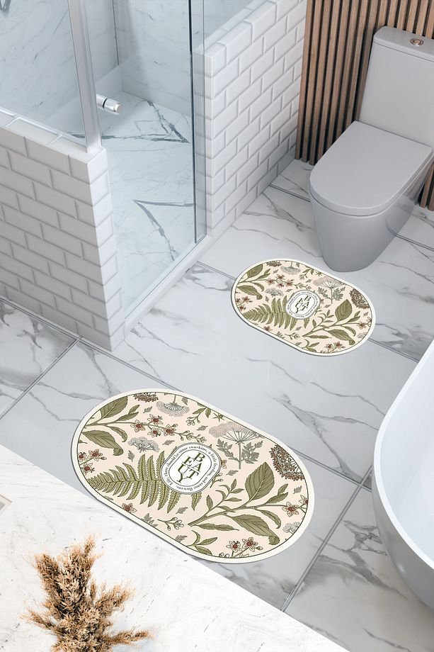 Beauty Desenli Eko Banyo Paspası, Kaymaz Taban, Makinada Yıkanabilir, Dijital Baskı 2'li Set - 2