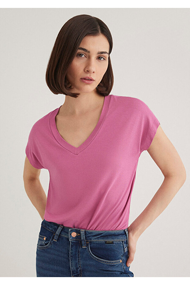 V Yaka Pembe Basic Viskoz Tişört - 1