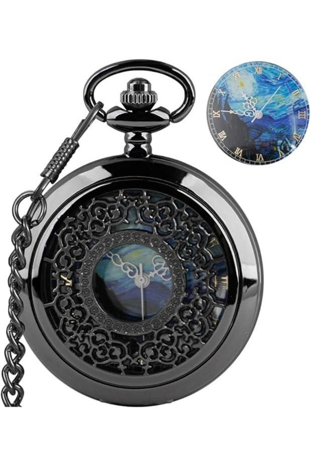 Vincent Van Gogh "Starry Night" Themed Antique Carved Detailed Artistic Chain Pocket Watch Necklace