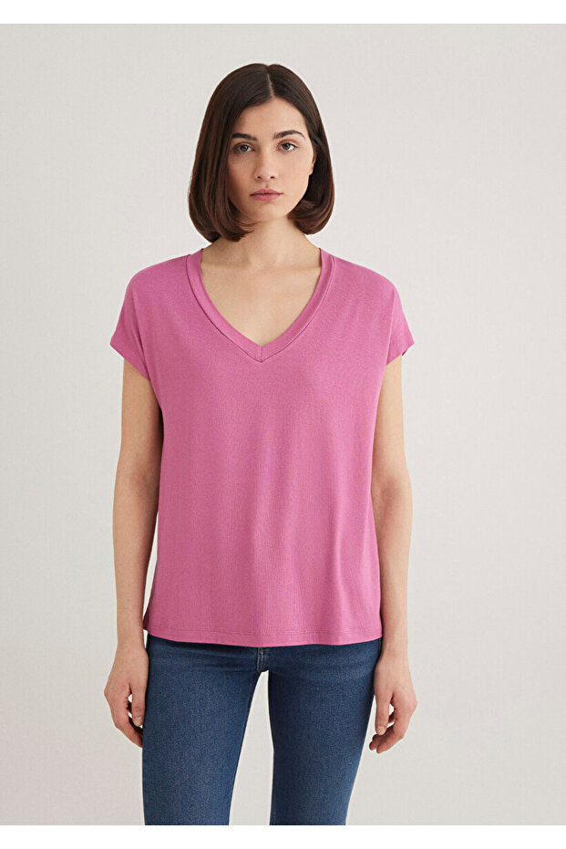 V Yaka Pembe Basic Viskoz Tişört - 4