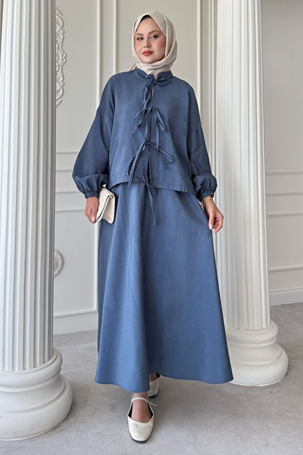 Indigo Suit with Tie Detail Skirt