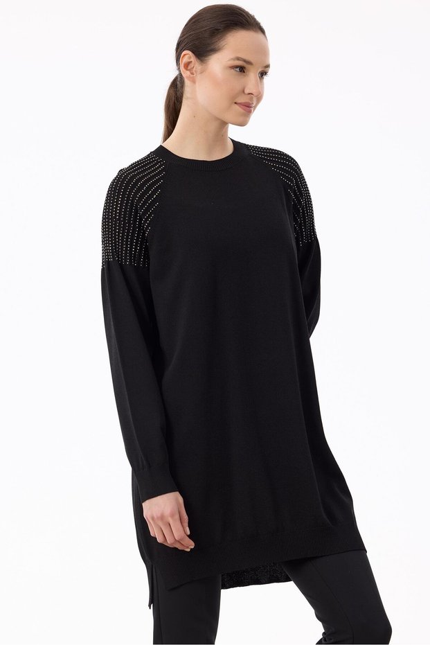 Shoulders Stone Printed Rayon Tunic Black