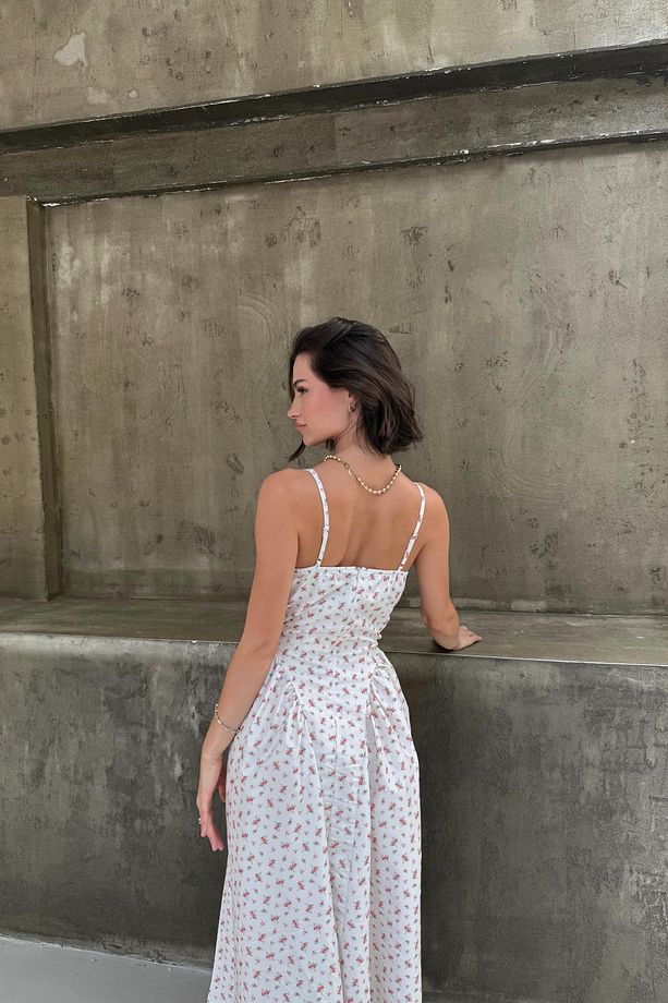 Çiçek Desenli Midi Elbise Krem - 4