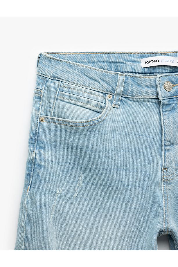 Slim Fit Pamuklu Katlamalı Paça Denim Şort - 6