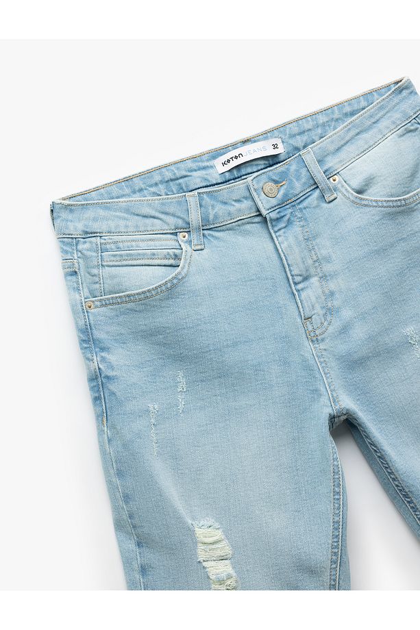 Slim Fit Pamuklu Katlamalı Paça Denim Şort - 7