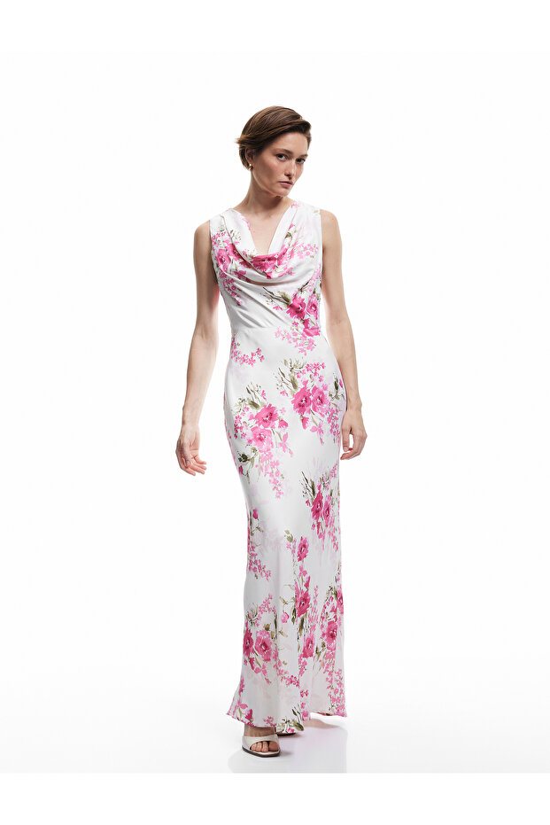 Viscose Fabric Degaje Collar Sleeveless Midi Length Floral Satin Dress