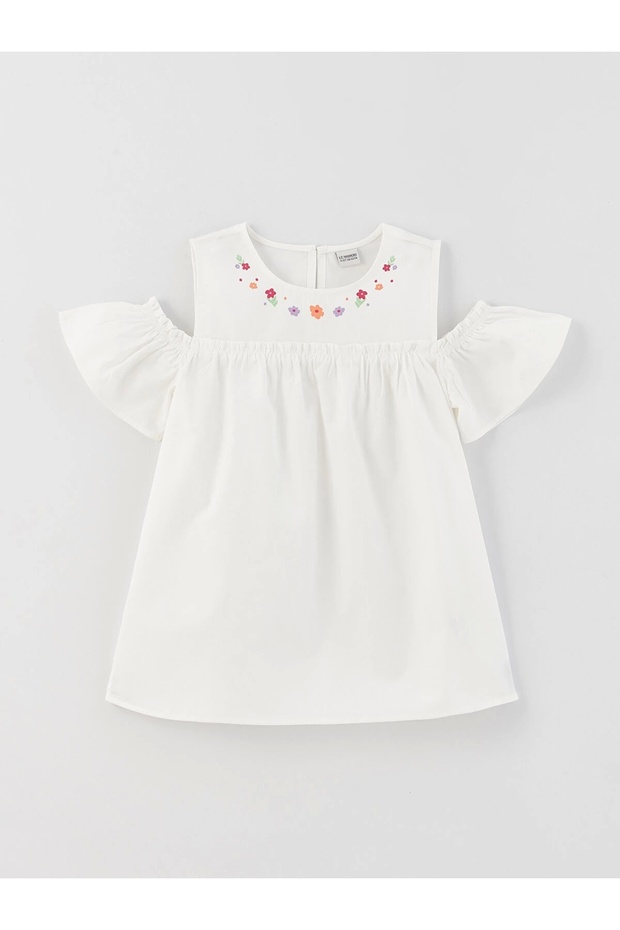Lcw Kids Ecru Crew Neck Printed Short Sleeve Girl Blouse