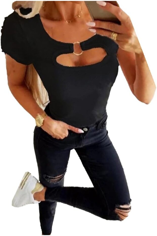 Black Blouse With Open Cut on Chest