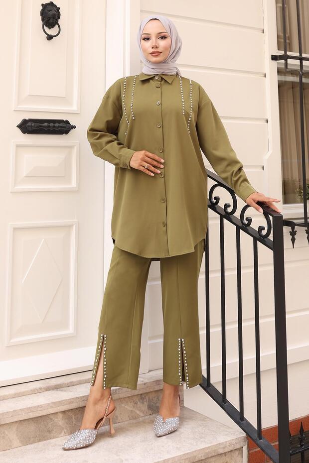 Pearl Detailed Suit Khaki 19259