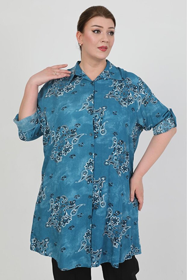 Women's Indigo Patterned Cotton Viscose Large Size Tunic