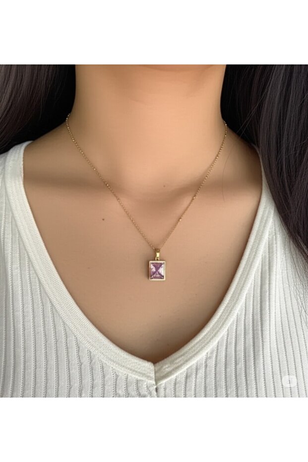 Steel Chain Purple Stone Rectangular Necklace - Women's Jewelry