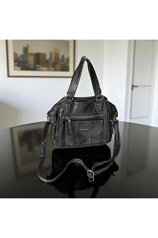 Washed Leather Black Crossbody Bag | 35X20 cm with Pocket and Functional