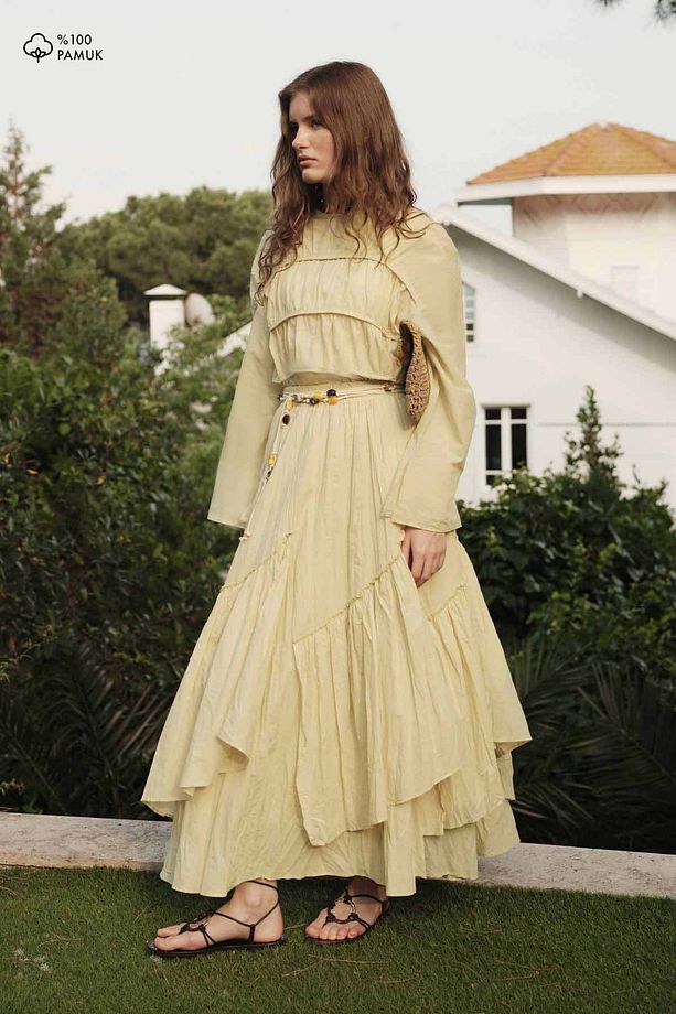 Boho Çapraz Katlı Vual Butter Yellow Etek - 1