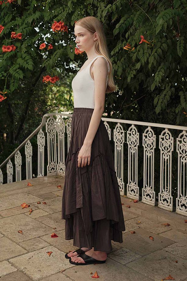Boho Çapraz Katlı Vual Kahve Etek - 6