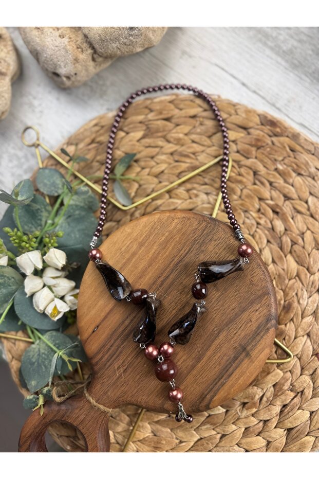 Taşlı incili kahve kolye - 4