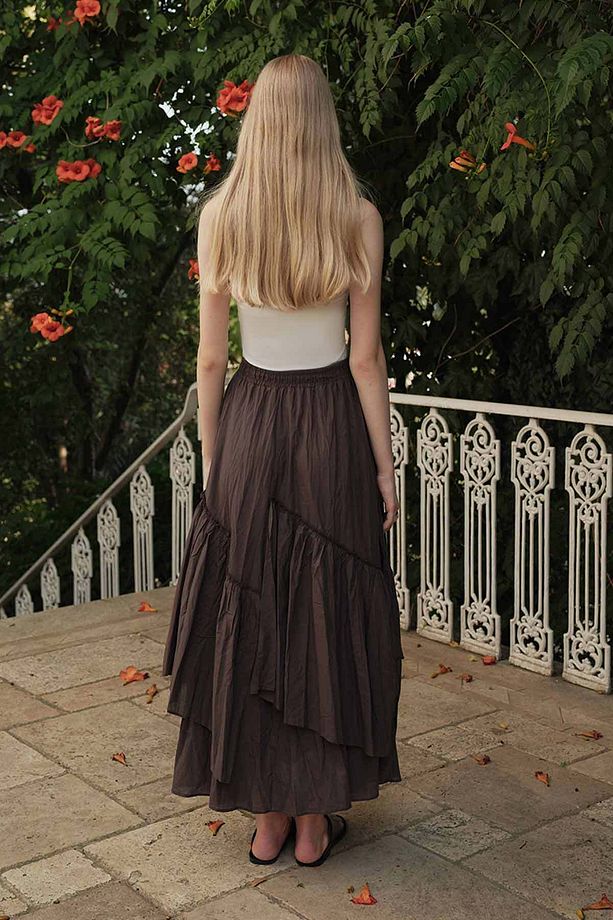 Boho Çapraz Katlı Vual Kahve Etek - 7