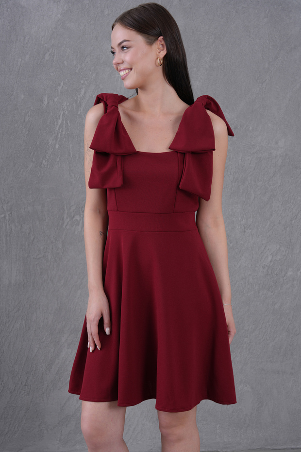Women's Crepe Fabric Bow Strap Detail Square Neck Mini Burgundy Evening Dress 2030