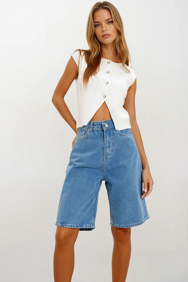 Kadın Mavi Bermuda Jean Şort Prmx12679 - 1