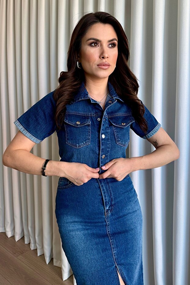 Önü Yırtmaçlı Kot Elbise - 4